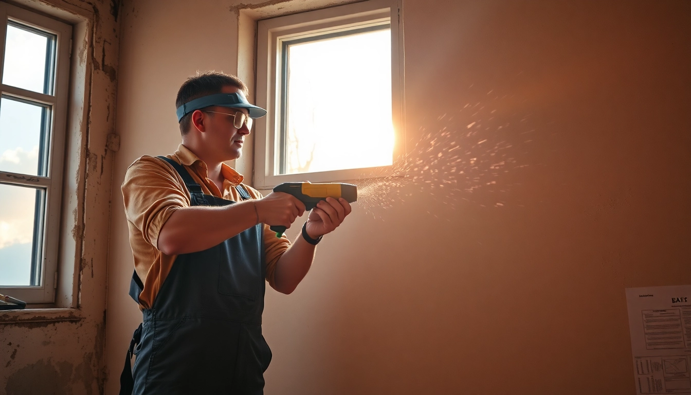 Handwerker bei der Hausrenovierung mit Werkzeugen und Sonnenlicht.