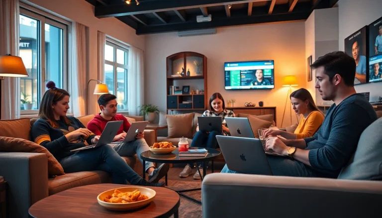 Junge Menschen setzen sportwetten ohne lugas auf ihren Laptops in einem modernen Wohnzimmer.