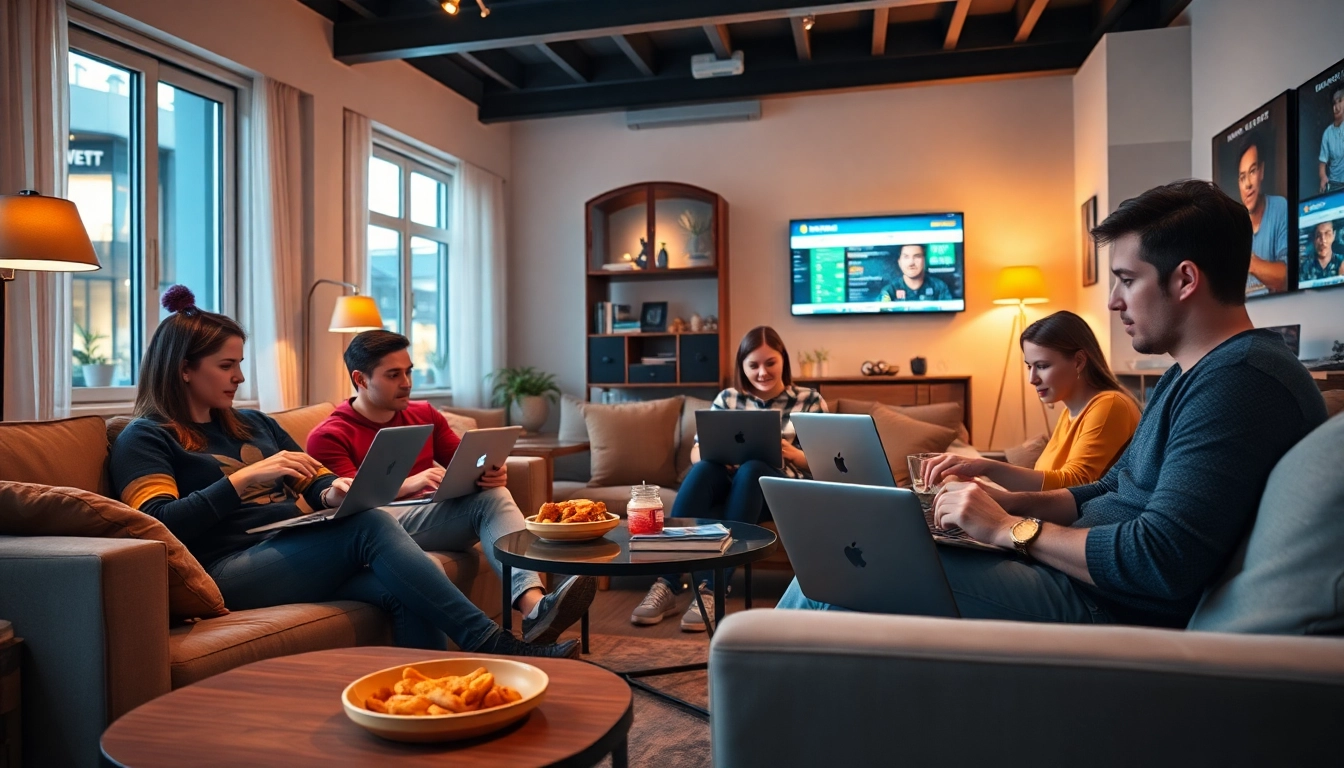 Junge Menschen setzen sportwetten ohne lugas auf ihren Laptops in einem modernen Wohnzimmer.