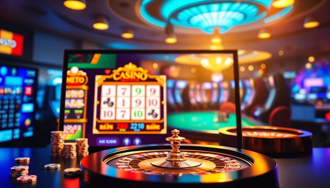 Erleben Sie aufregende Spiele mit auslaendischen online Casinos in einem bunten, digitalen Casinobereich, der die Nervenkitzel des Glücksspiels zeigt.