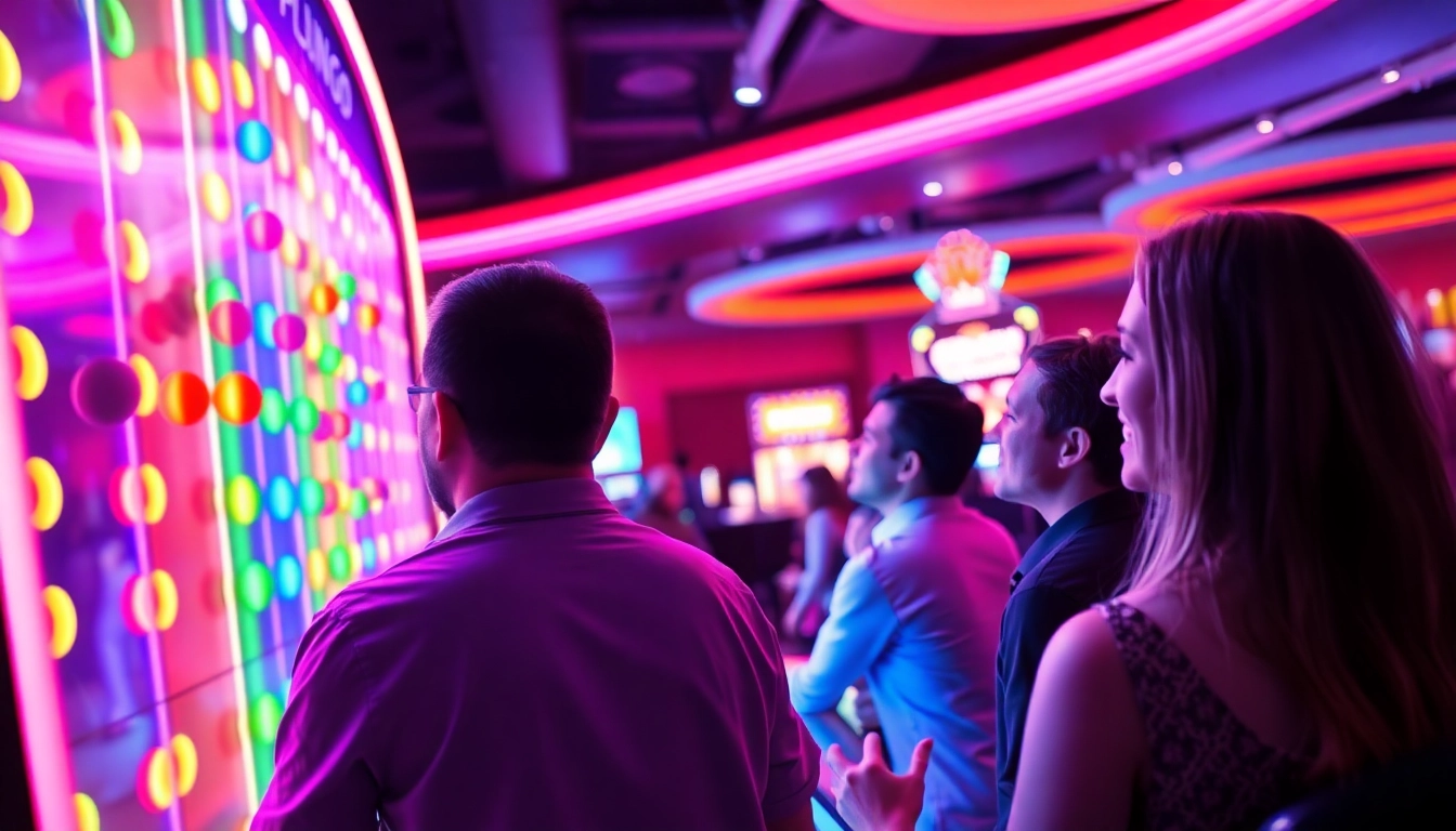 Erleben Sie die spannenden Plinko Erfahrungen in einem modernen Casino mit Spielern, die an einer farbenfrohen Plinko-Wand stehen.