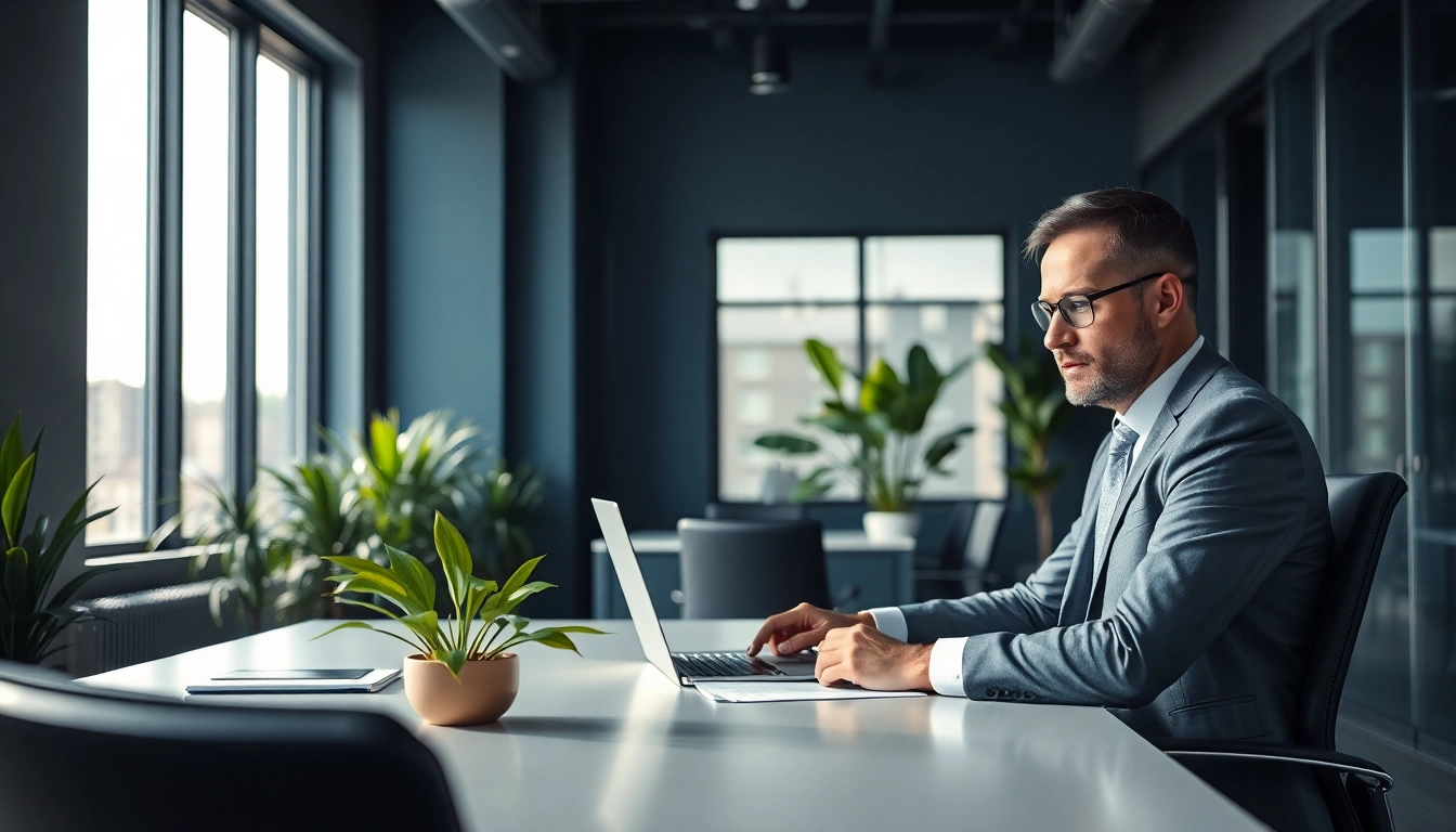 Headhunter Leverkusen schaut konzentriert auf den Laptop in einem modernen Büro.
