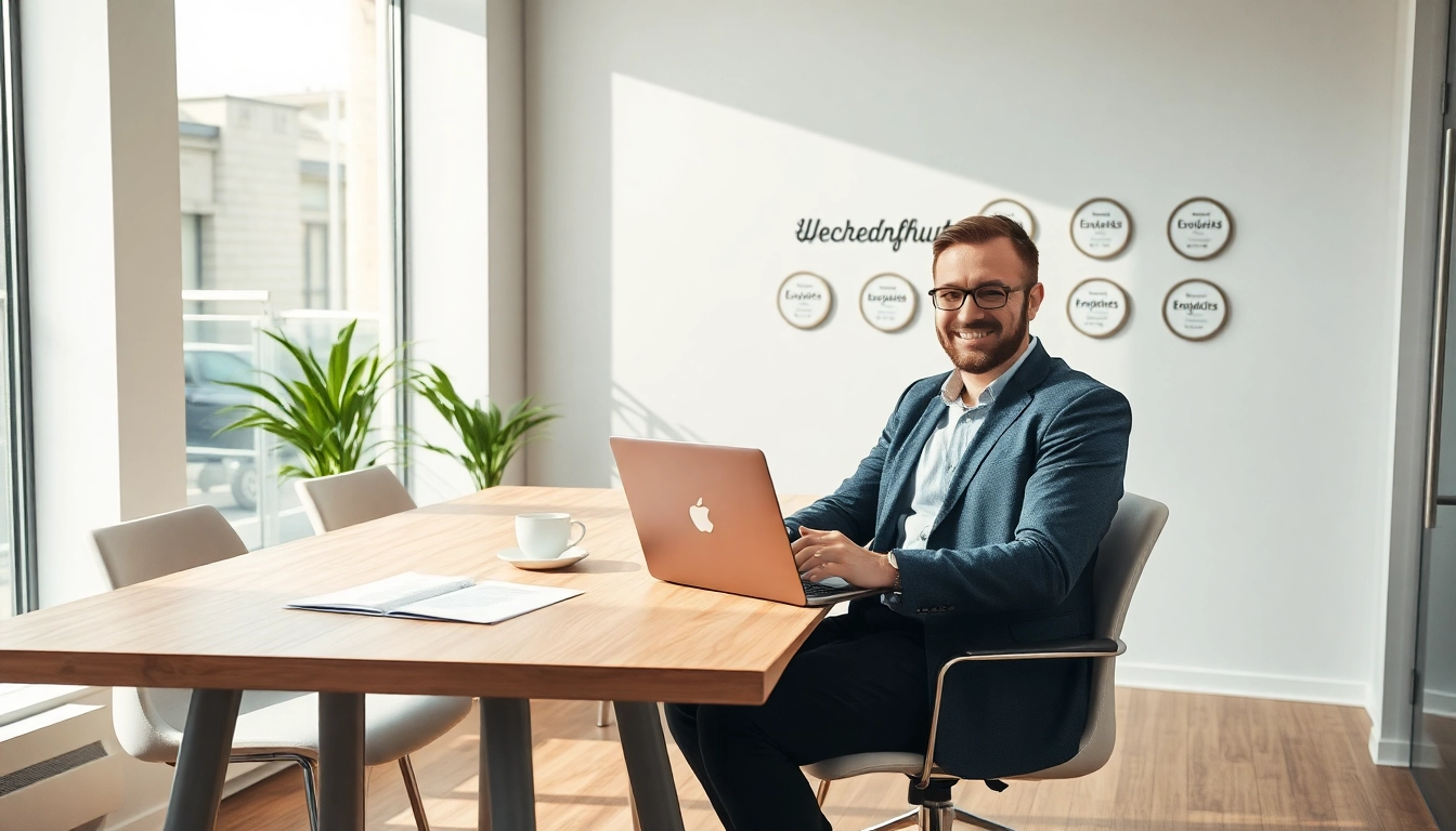 Headhunter Düsseldorf bei der Arbeit am Laptop in modernem Büroumfeld.