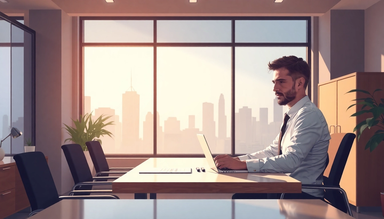 Headhunter arbeitet fokussiert an einem modernen Bürotisch mit Laptop und Notizen.