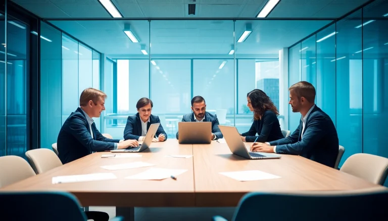 Grafik zur Personalvermittlung, die engagierte Fachkräfte in einem modernen Büro bei einem Teammeeting zeigt.