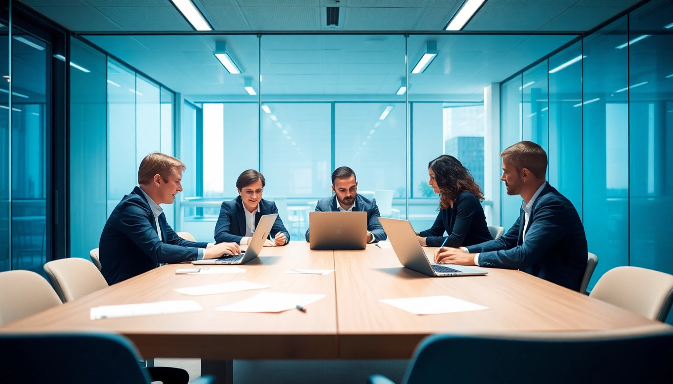 Grafik zur Personalvermittlung, die engagierte Fachkräfte in einem modernen Büro bei einem Teammeeting zeigt.