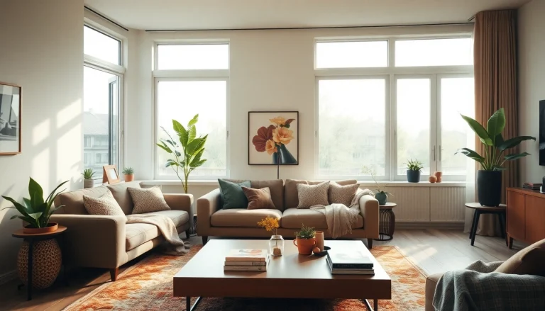 Raumgestaltung in a cozy living room featuring a modern sofa, vibrant decor, and natural light.