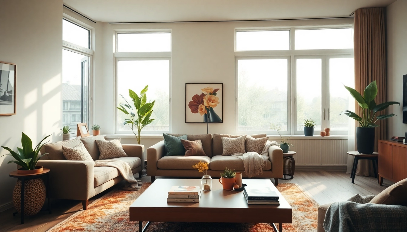 Raumgestaltung in a cozy living room featuring a modern sofa, vibrant decor, and natural light.