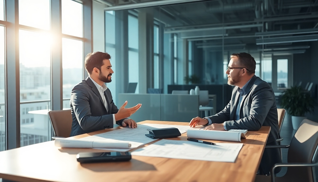Professionelles Gespräch zwischen einem Headhunter Baubranche und einem Bauleiter in einem modernen Bürosetup.