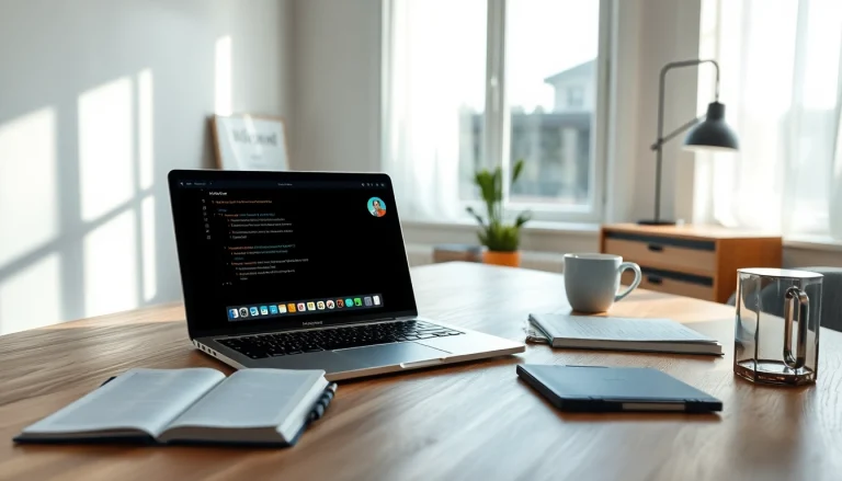 Visualisierung eines modernen Arbeitsplatzes mit Microsoft Office für M4 auf einem MacBook, umgeben von stilvollen Büroelementen.