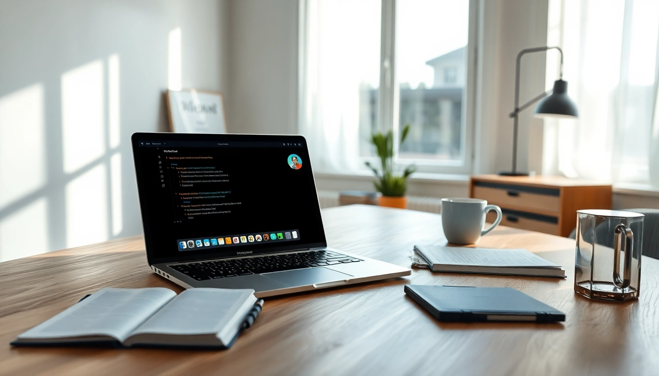 Visualisierung eines modernen Arbeitsplatzes mit Microsoft Office für M4 auf einem MacBook, umgeben von stilvollen Büroelementen.