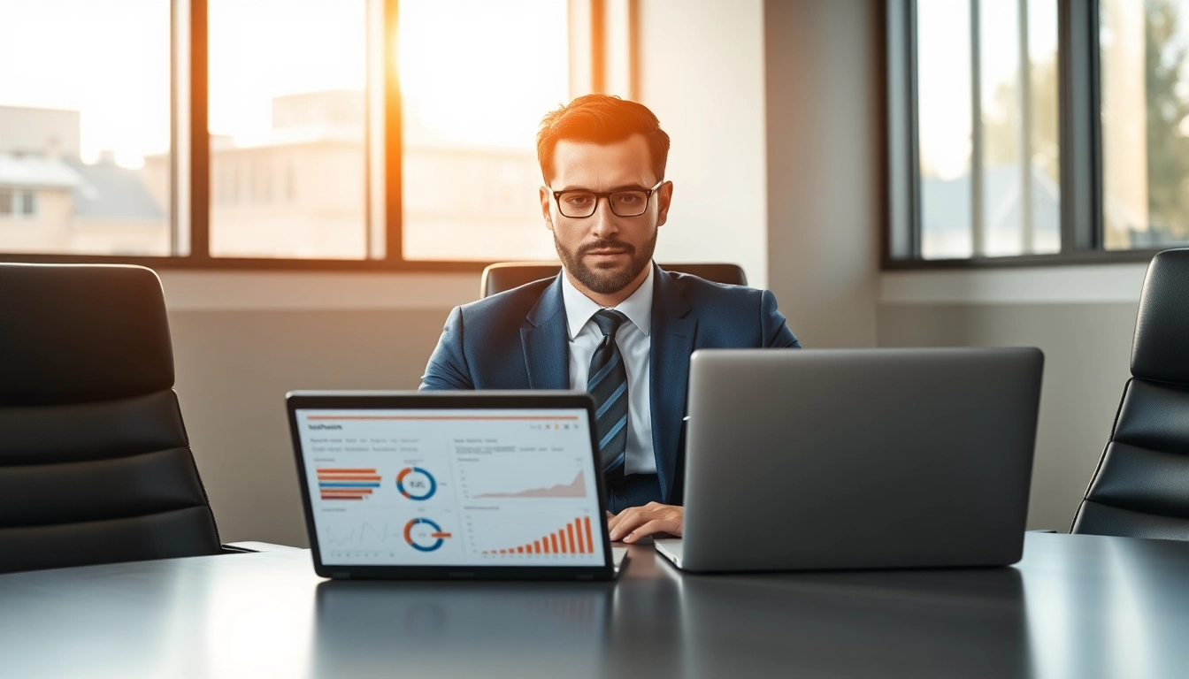 Headhunter Vertrieb im modernen Büro, der Verkaufsstatistiken analysiert.