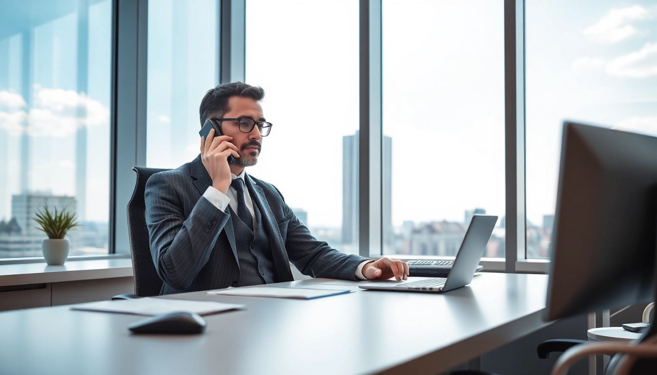 Headhunter München am Telefon im modernen Büro, umgeben von Münchner Skyline.