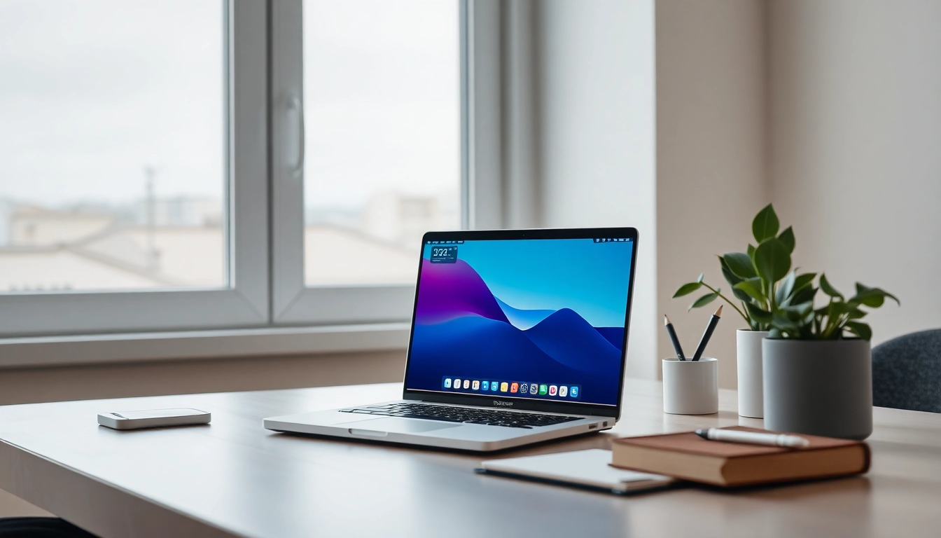 Erlebe die Vorteile der Office 2024 Mac Standard Einzelplatzlizenz auf einem eleganten MacBook in einem modernen Home-Office.