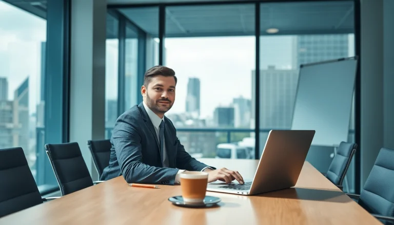 Headhunter IT bei aktiver Mitarbeit in einem modernen Büro mit Laptop.