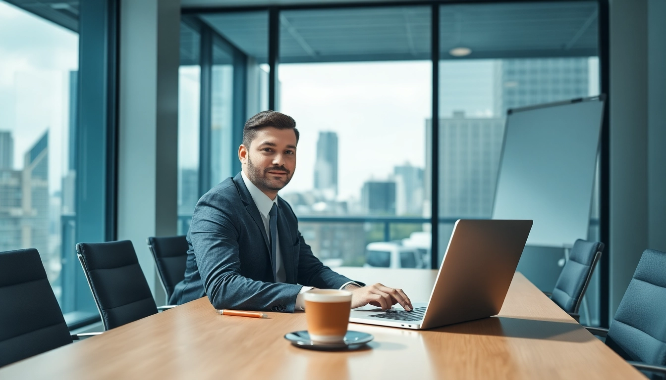 Headhunter IT bei aktiver Mitarbeit in einem modernen Büro mit Laptop.