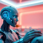 An engaging scene featuring an ai sex bot interacting with a human in a modern living room, showcasing intimacy and innovation.