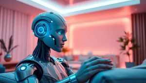 An engaging scene featuring an ai sex bot interacting with a human in a modern living room, showcasing intimacy and innovation.
