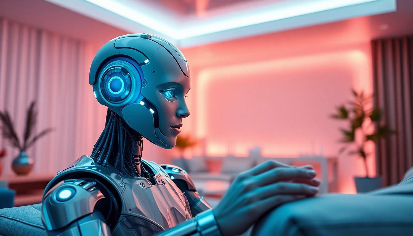 An engaging scene featuring an ai sex bot interacting with a human in a modern living room, showcasing intimacy and innovation.