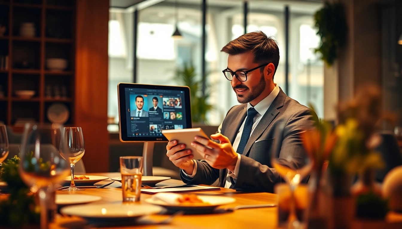 Headhunter Gastronomie reviewing candidate profiles with culinary elements in a modern office.