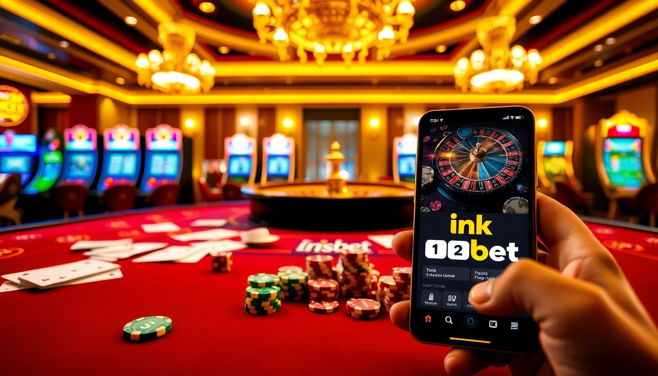 Engage in thrilling gameplay with link 12bet showcased on a sleek smartphone amidst a vibrant casino atmosphere.