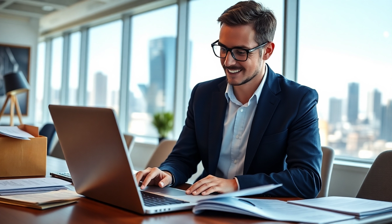 Headhunter Schweiz bei der Arbeit mit Lebensläufen und Laptop in einem modernen Büro.