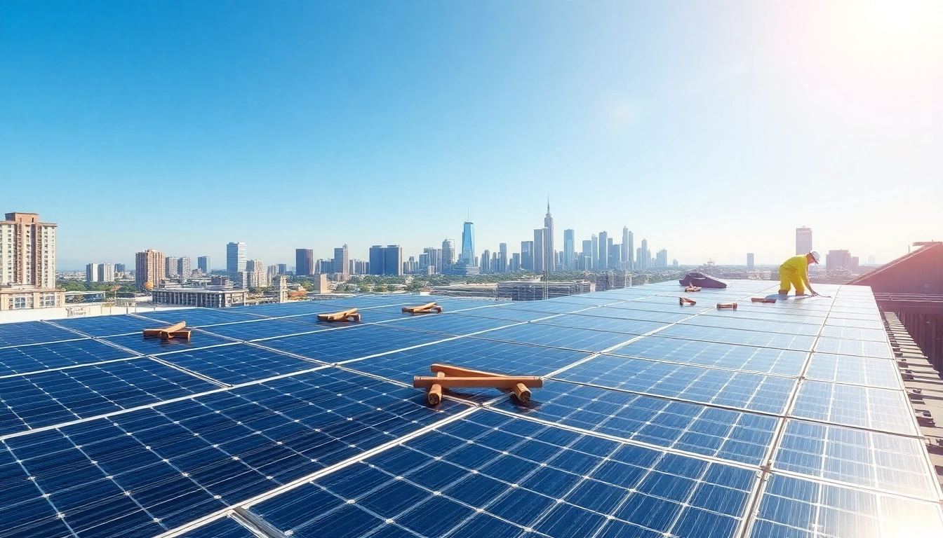 Installation von Pv anlagen wien auf einem städtischen Dach mit sonnigen Himmel.