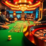 Az online kaszinó játékosai izgalomban állnak a stílusos roulette asztalnál.