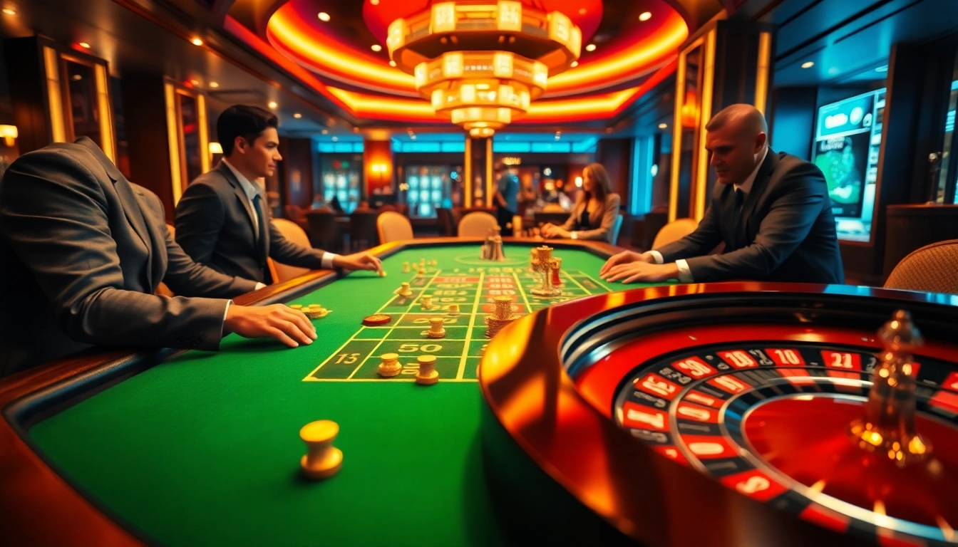 Az online kaszinó játékosai izgalomban állnak a stílusos roulette asztalnál.