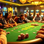 Players engaging at a luxurious U88 poker table, showcasing excitement and strategy in a vibrant casino atmosphere.