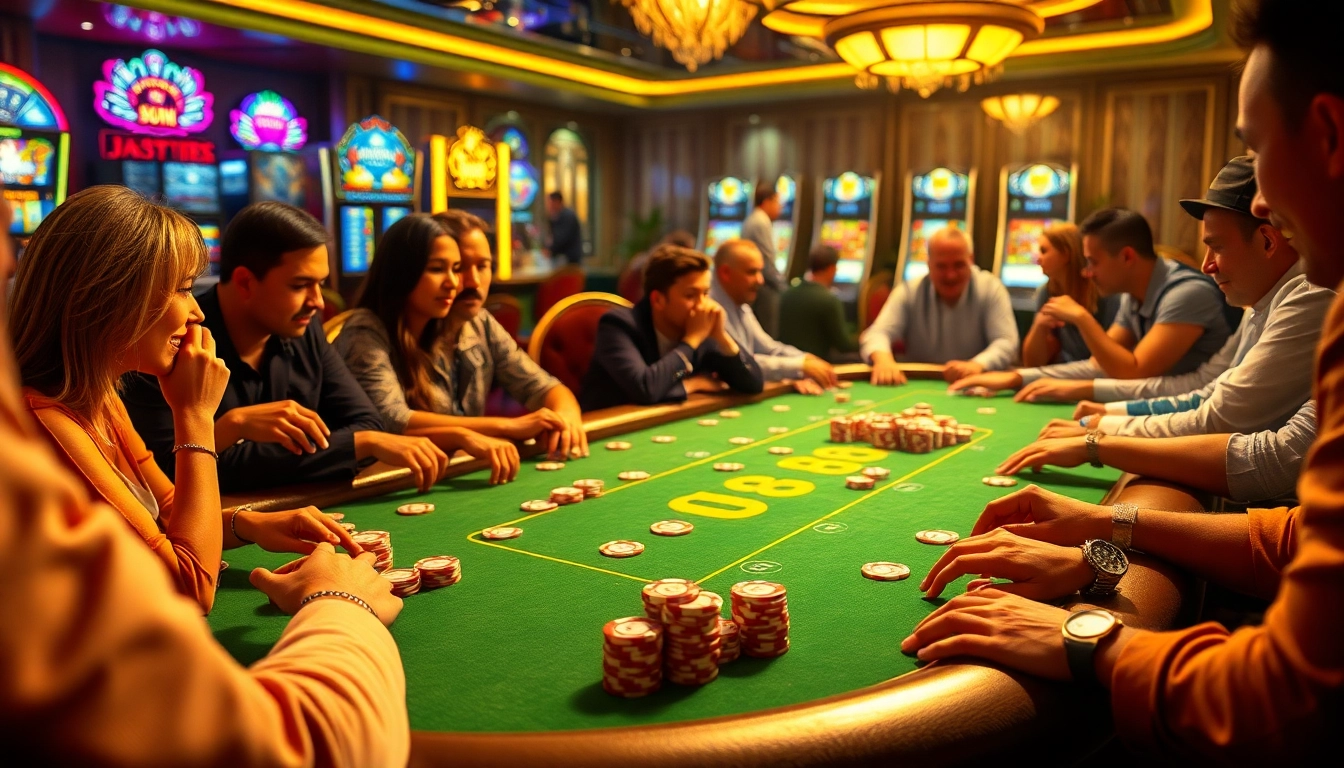 Players engaging at a luxurious U88 poker table, showcasing excitement and strategy in a vibrant casino atmosphere.