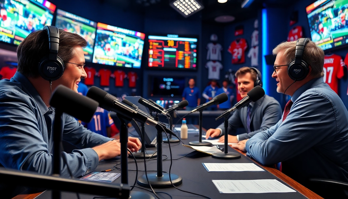 Hosts discussing in a vibrant sports broadcasting studio with engaging visuals.