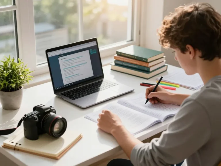 Schüler konzentriert auf das Hausaufgaben Lösen an einem hellen Schreibtisch, umgeben von Büchern und Lernmaterialien.