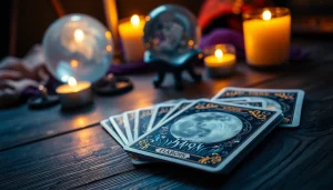 Entdecken Sie die tarotkarten bedeutung in einem mystischen Tarot-Setup mit Kerzen und Kristallkugel.