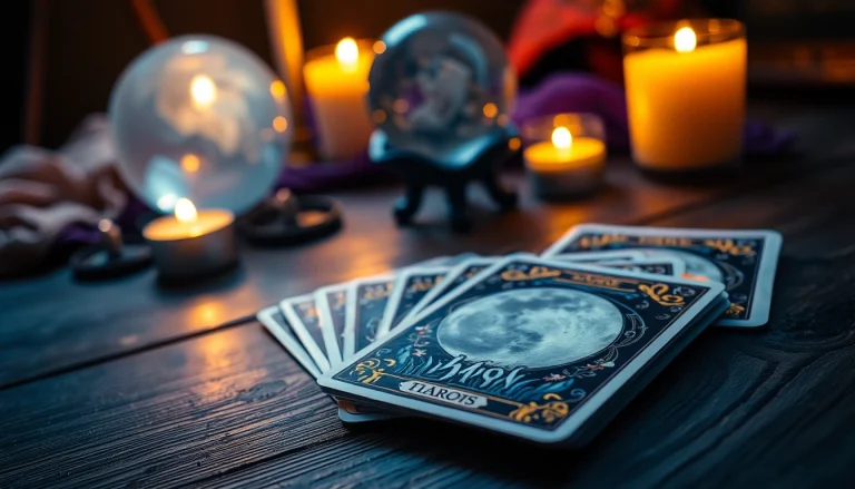Entdecken Sie die tarotkarten bedeutung in einem mystischen Tarot-Setup mit Kerzen und Kristallkugel.