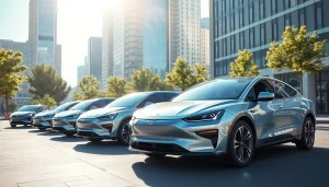 Elektroautos in einer modernen Stadt, die nachhaltige Mobilität dargestellen.