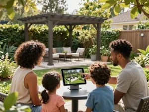Interaktive Familie nutzt den Pergola Konfigurator 3D auf einem Tablet in einem sonnendurchfluteten Garten