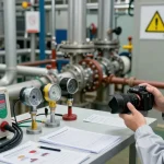 Techniker verwendet einen Kanalgas Detektor zur Erkennung von Gaslecks in einer Industrieumgebung mit Sicherheitsausrüstung.