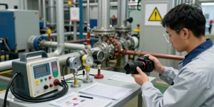 Techniker verwendet einen Kanalgas Detektor zur Erkennung von Gaslecks in einer Industrieumgebung mit Sicherheitsausrüstung.