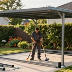 Carport Montage: Montage eines handwerklich installierten Carports im Garten, mit Bauwerkzeugen und grünen Pflanzen im Hintergrund.