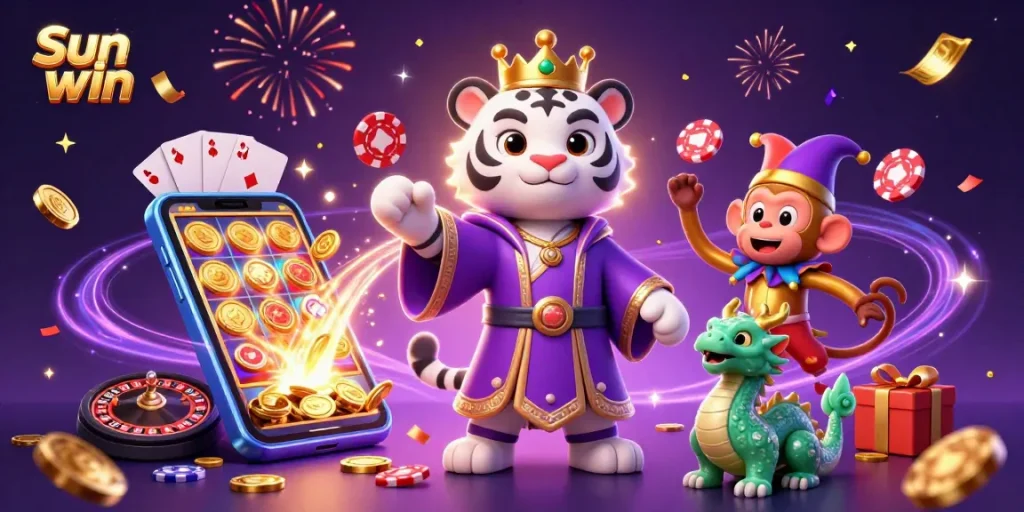 Experience the excitement of Sun win with vibrant casino elements, including 3D characters and iconic gameplay.