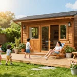 Gartenhaus kaufen in einer einladenden Gartenlandschaft mit Familie und Blumen.