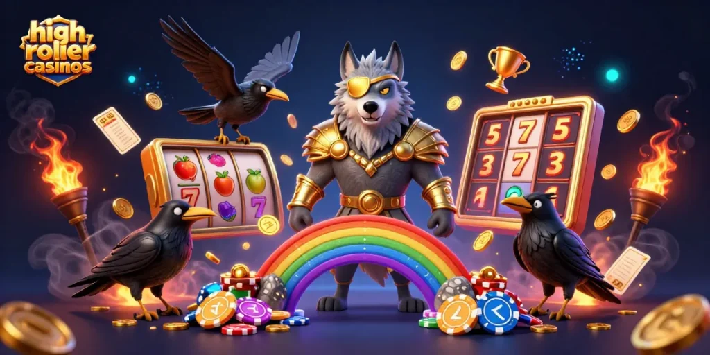 Experience thrilling action at high roller casinos with a dynamic Norse-inspired scene filled with slot reels and casino elements.