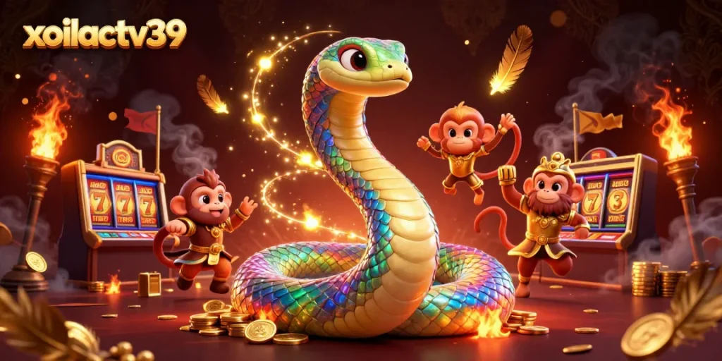 Engage with thrilling xoilactv39 gaming, featuring a vibrant monkey king and rainbow serpent in action.
