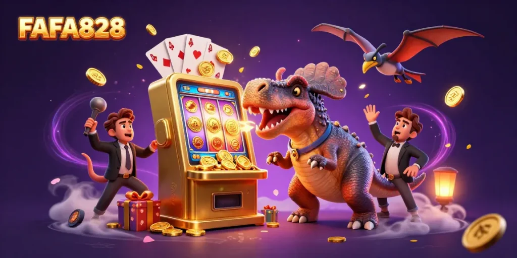 FAFA828's dynamic casino scene with characters and casino elements celebrating jackpot payouts.